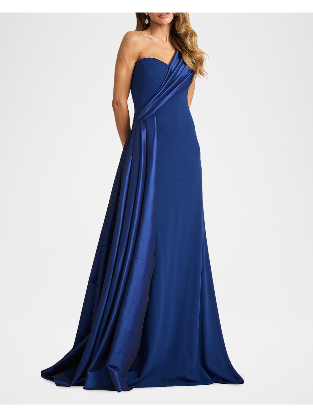 NEW Tadashi Shoji One-Shoulder Draped Crepe Gown in Navy Sz S #LD603